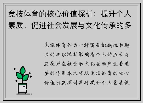 竞技体育的核心价值探析：提升个人素质、促进社会发展与文化传承的多重意义