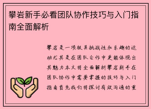 攀岩新手必看团队协作技巧与入门指南全面解析